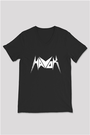 Havok Baskılı Unisex Siyah V Yaka Tişört - Tshirt