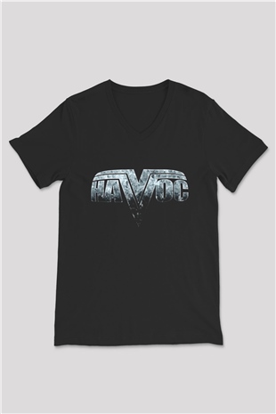 Havok Baskılı Unisex Siyah V Yaka Tişört - Tshirt