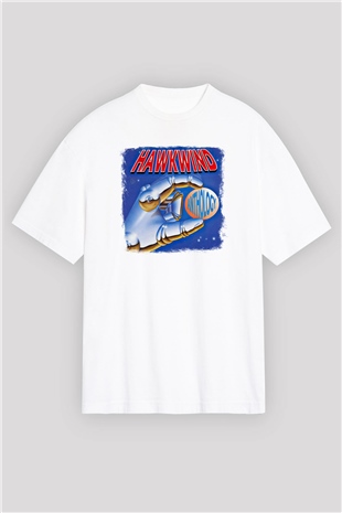 Hawkwind Baskılı Unisex Beyaz Oversize Tişört