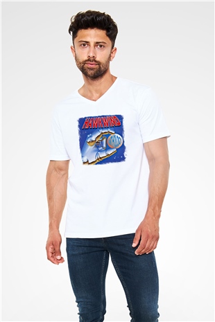Hawkwind Baskılı Unisex Beyaz V Yaka Tişört