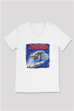 Hawkwind Baskılı Unisex Beyaz V Yaka Tişört