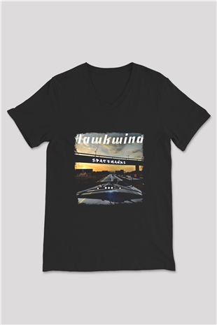 Hawkwind Baskılı Unisex Siyah V Yaka Tişört