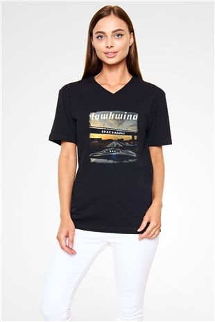 Hawkwind Baskılı Unisex Siyah V Yaka Tişört