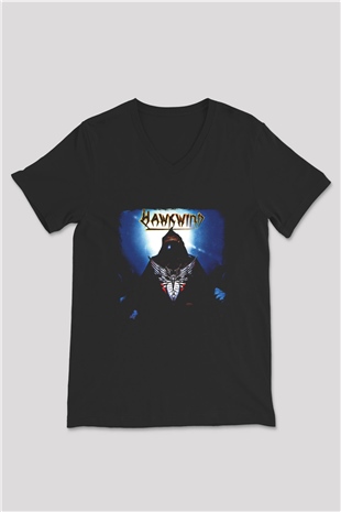Hawkwind Baskılı Unisex Siyah V Yaka Tişört