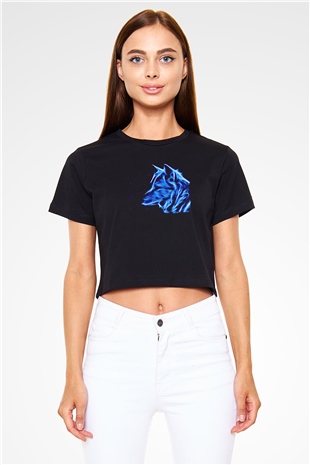 Hayalet Kurt Baskılı  Siyah  Crop Top Tişört