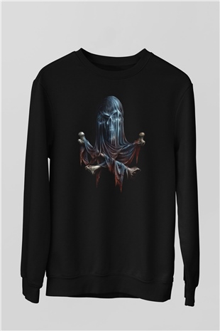 Hayalet Kurukafa Baskılı Siyah  Sweatshirt