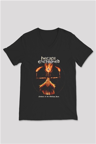 Hecate Enthroned Baskılı Unisex Siyah V Yaka Tişört - Tshirt
