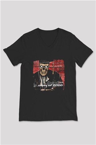 Hed PE Baskılı Unisex Siyah V Yaka Tişört