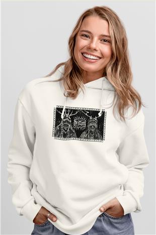 Heilung Baskılı Beyaz Unisex Kapüşonlu Sweatshirt