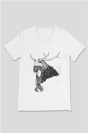 Heilung Baskılı Beyaz Unisex V Yaka Tişört - Tshirt
