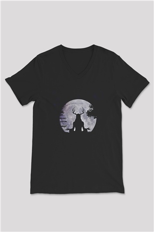 Heilung Baskılı Unisex Siyah V Yaka Tişört - Tshirt