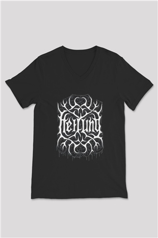 Heilung Baskılı Unisex Siyah V Yaka Tişört - Tshirt