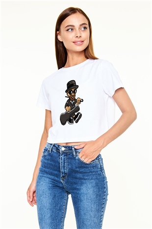 Heisenberg Gentleman Baskılı Beyaz Kadın Crop Top Tişört