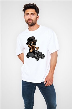 Heisenberg Hotrod Baskılı Unisex Beyaz Oversize Tişört