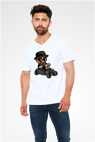 Heisenberg Hotrod Baskılı Unisex Beyaz V Yaka Tişört