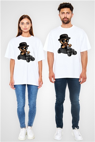 Heisenberg Hotrod Baskılı Unisex Beyaz Oversize Tişört