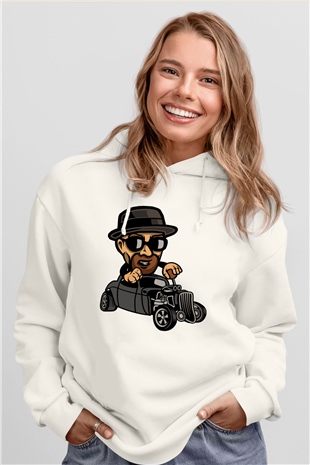 Heisenberg Hotrod Baskılı Unisex Beyaz Hoodie