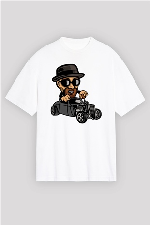 Heisenberg Hotrod Baskılı Unisex Beyaz Oversize Tişört