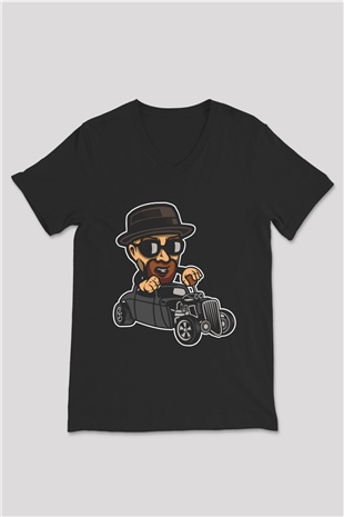 Heisenberg Hotrod Baskılı Unisex Siyah V Yaka Tişört