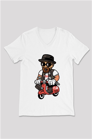 Heisenberg Scooter Baskılı Unisex Beyaz V Yaka Tişört