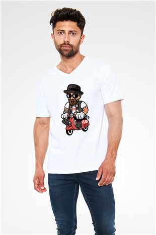 Heisenberg Scooter Baskılı Unisex Beyaz V Yaka Tişört