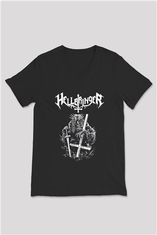 Hellbringer Baskılı Unisex Siyah V Yaka Tişört - Tshirt