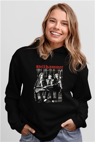 Hellhammer Baskılı Unisex Siyah Hoodie