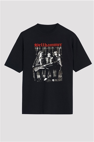 Hellhammer Baskılı Unisex Siyah Oversize Tişört