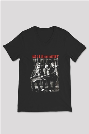 Hellhammer Baskılı Unisex Siyah V Yaka Tişört