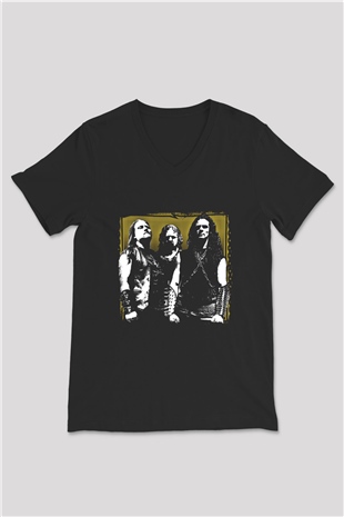 Hellhammer Baskılı Unisex Siyah V Yaka Tişört