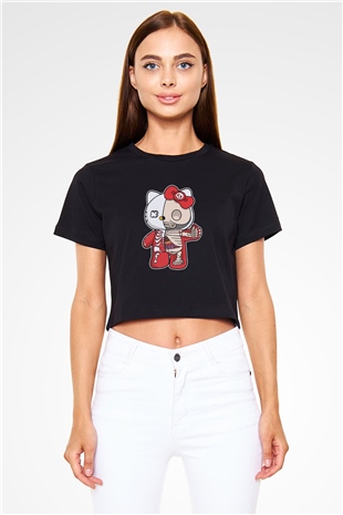 Hello Kity Half Skeleton Baskılı  Siyah  Crop Top Tişört