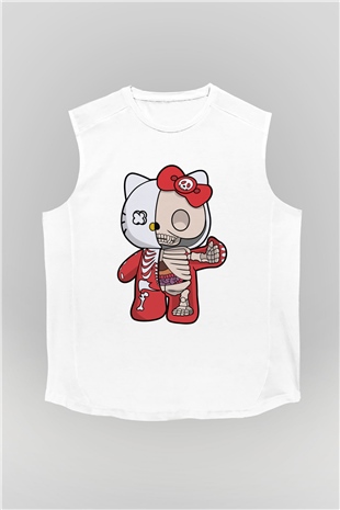 Hello Kity Half Skeleton Baskılı Unisex Beyaz Kolsuz Tişört