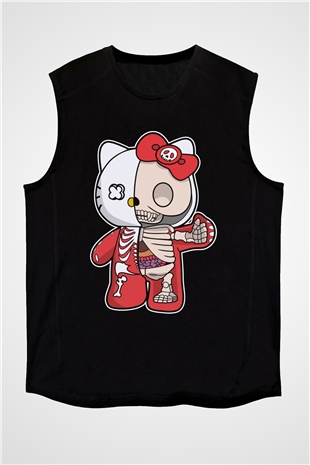 Hello Kity Half Skeleton Baskılı Unisex Siyah Kolsuz Tişört