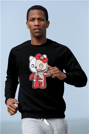Hello Kity Half Skeleton Baskılı Unisex Siyah Sweatshirt