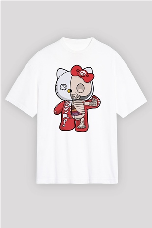 Hello Kity Half Skeleton Baskılı Unisex Beyaz Oversize Tişört