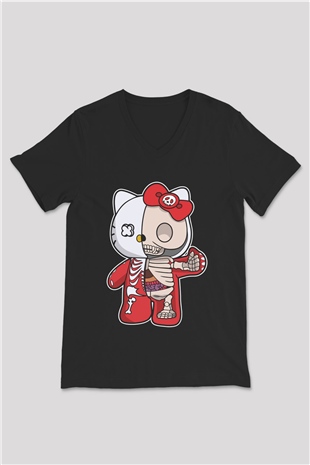 Hello Kity Half Skeleton Baskılı Unisex Siyah V Yaka Tişört