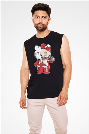 Hello Kity Half Skeleton Baskılı Unisex Siyah Kolsuz Tişört