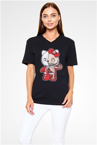 Hello Kity Half Skeleton Baskılı Unisex Siyah V Yaka Tişört