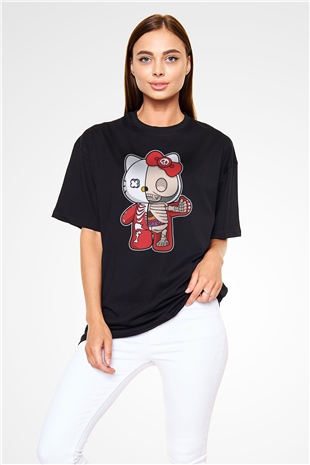 Hello Kity Half Skeleton Baskılı Unisex Siyah Oversize Tişört