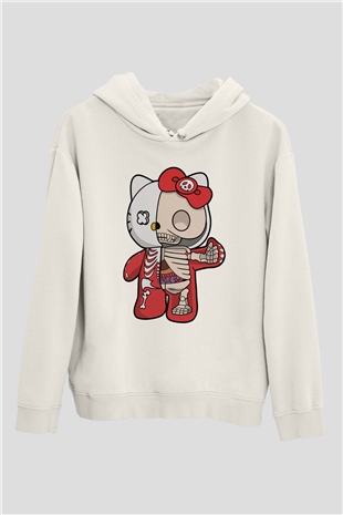 Hello Kity Half Skeleton Baskılı Unisex Beyaz Hoodie