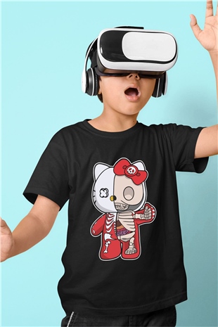 Hello Kity Half Skeleton Baskılı Unisex Siyah Çocuk Tişört