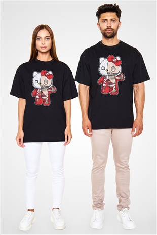 Hello Kity Half Skeleton Baskılı Unisex Siyah Oversize Tişört