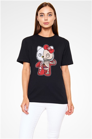 Hello Kity Half Skeleton Baskılı Unisex Siyah Tişört