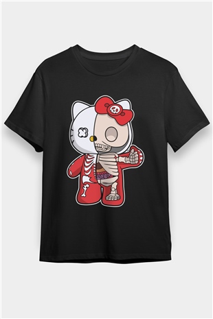 Hello Kity Half Skeleton Baskılı Unisex Siyah Tişört
