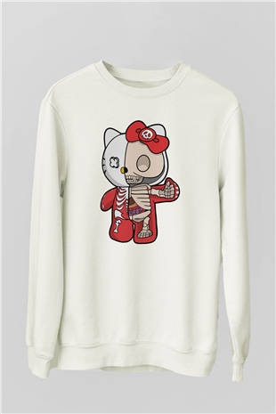 Hello Kity Half Skeleton Baskılı Unisex Beyaz Sweatshirt