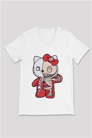 Hello Kity Half Skeleton Baskılı Unisex Beyaz V Yaka Tişört