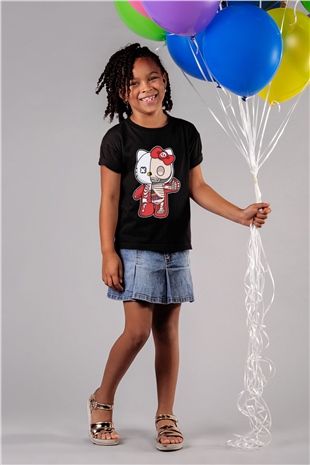 Hello Kity Half Skeleton Baskılı Unisex Siyah Çocuk Tişört