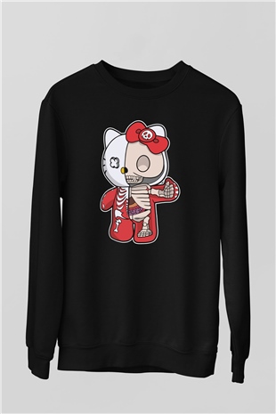 Hello Kity Half Skeleton Baskılı Unisex Siyah Sweatshirt