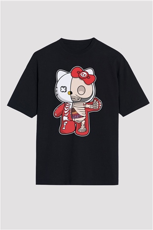 Hello Kity Half Skeleton Baskılı Unisex Siyah Oversize Tişört