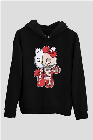 Hello Kity Half Skeleton Baskılı Unisex Siyah Hoodie